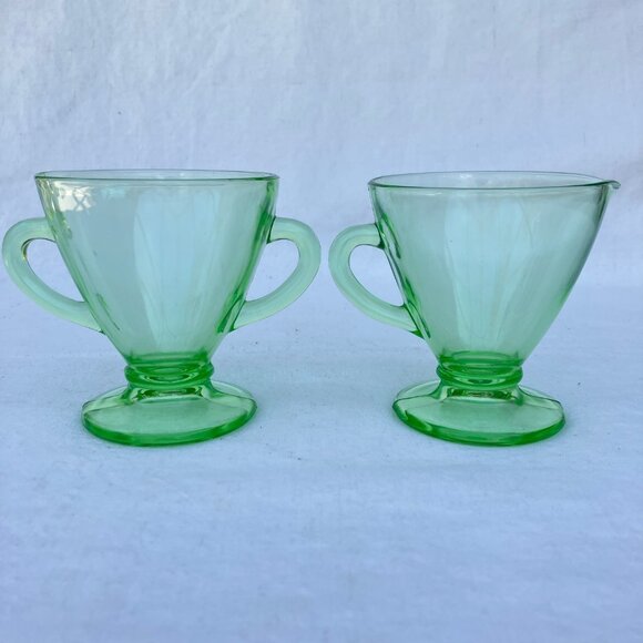 Hazel Atlas Ovide Green Uranium Open Sugar and Creamer - Picture 4 of 9